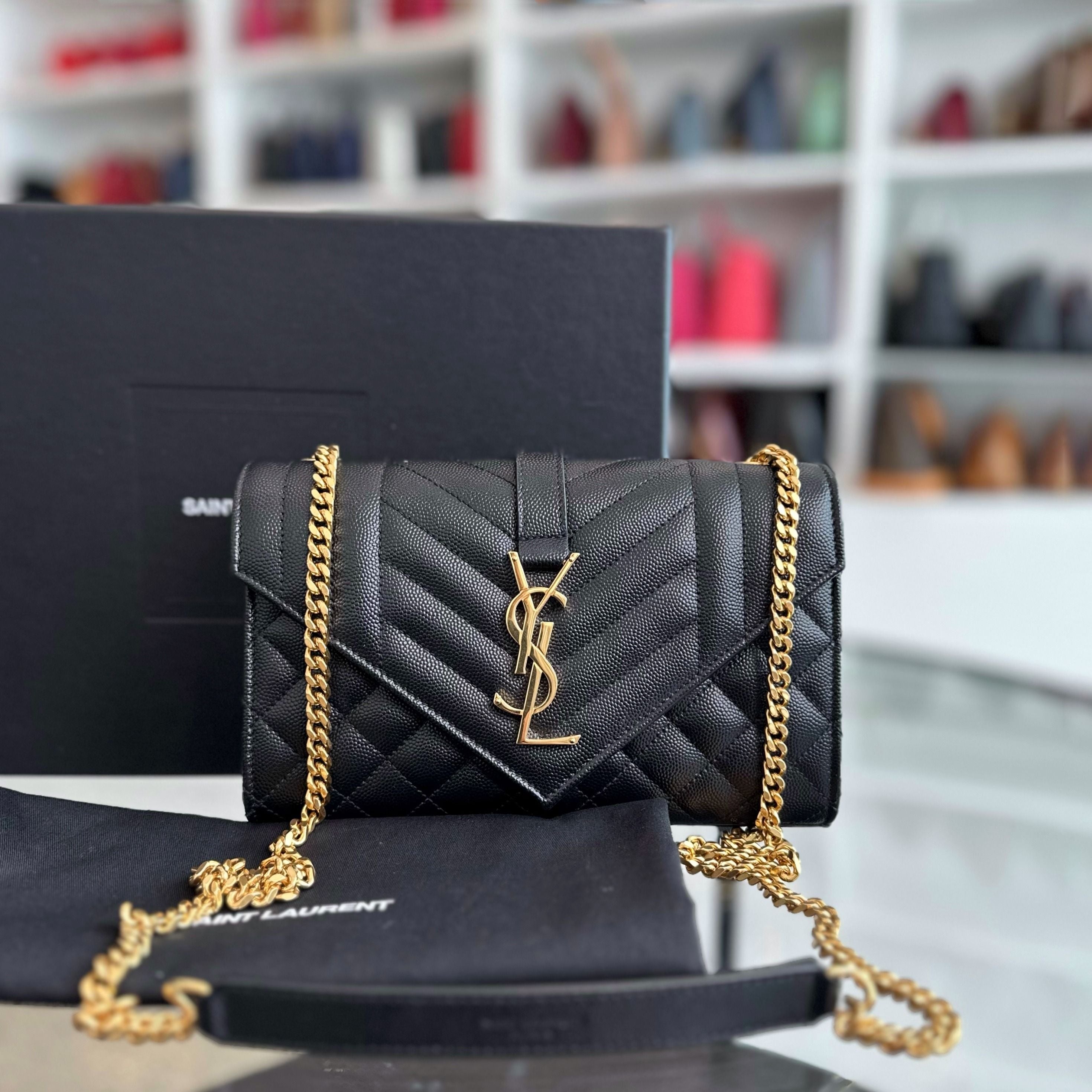 YSL Envelop Small Grained Calfskin Black GHW Yves Saint Laurent - Luxury Evermore