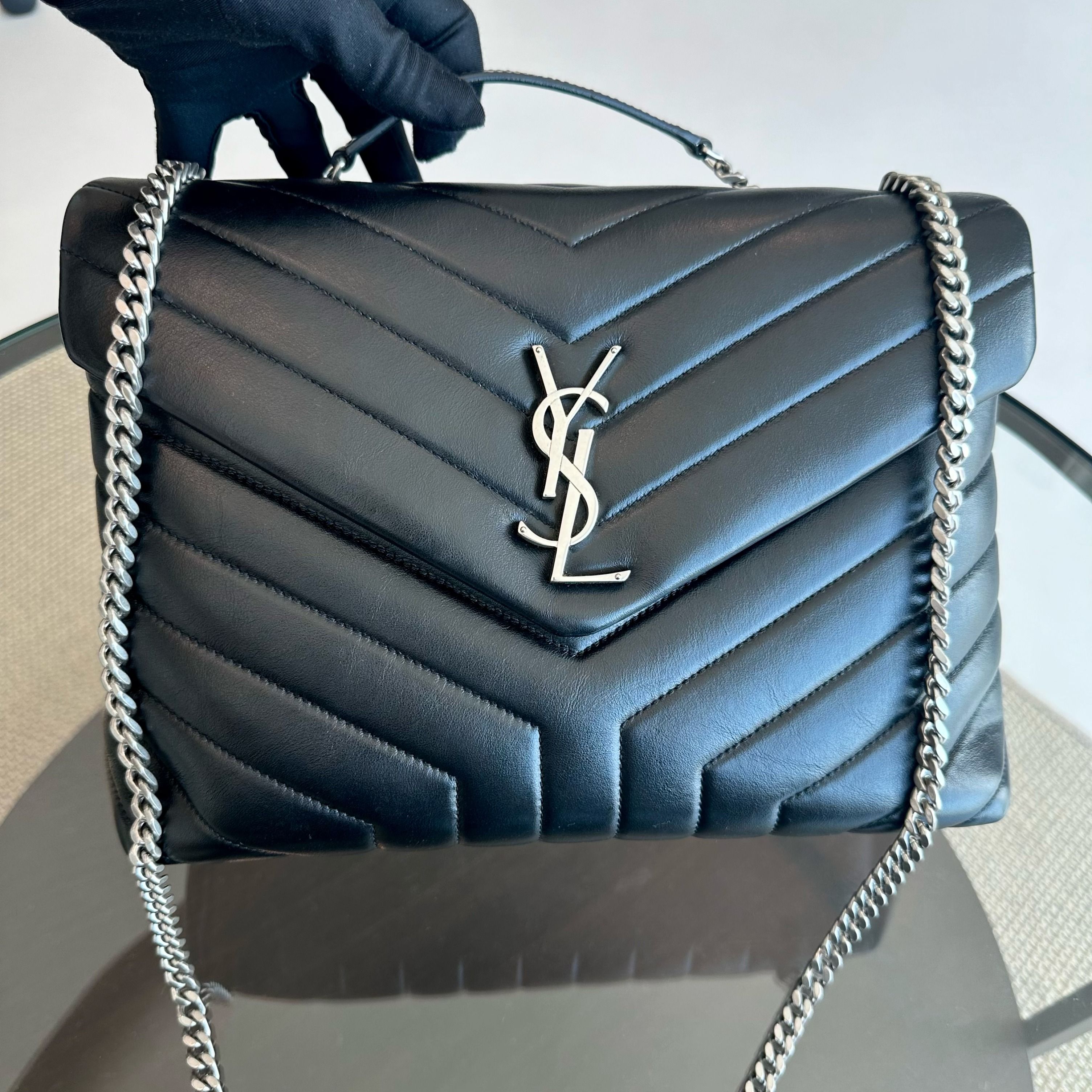 YSL Loulou Medium Chevron Chain Black Shoulder Bag SHW Yves Saint Laurent - Luxury Evermore