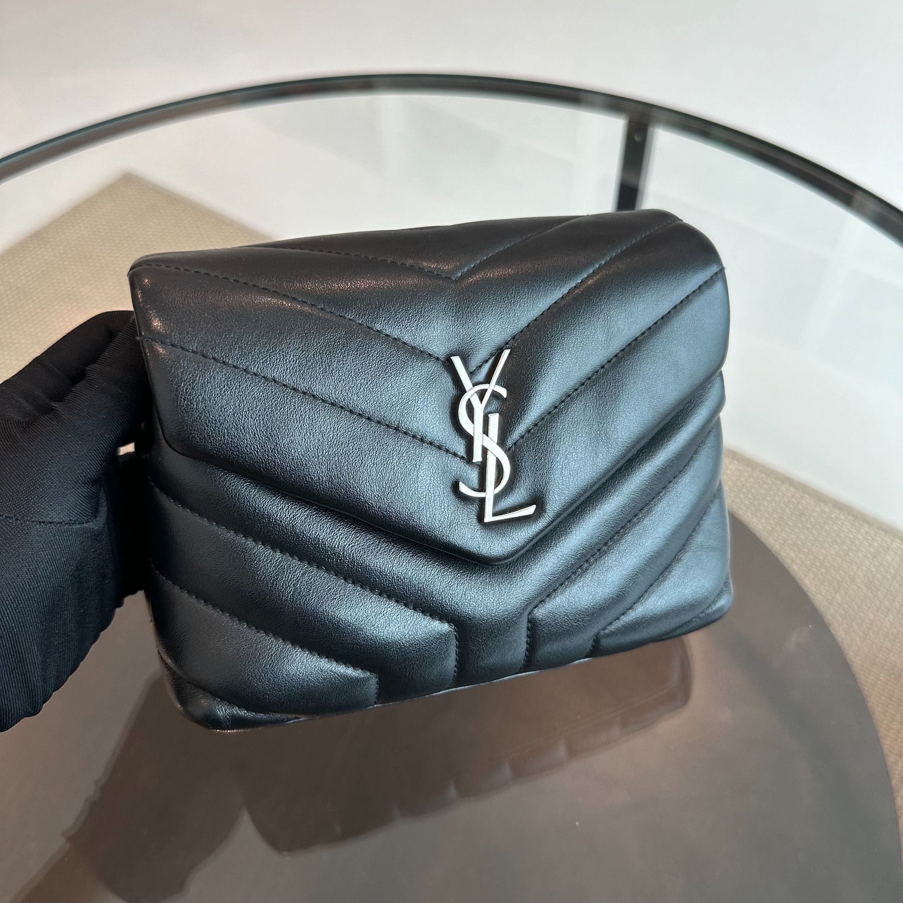 YSL LouLou Toy Chevron Calfskin Yves Saint Laurent Black Shoulder Bag - Luxury Evermore