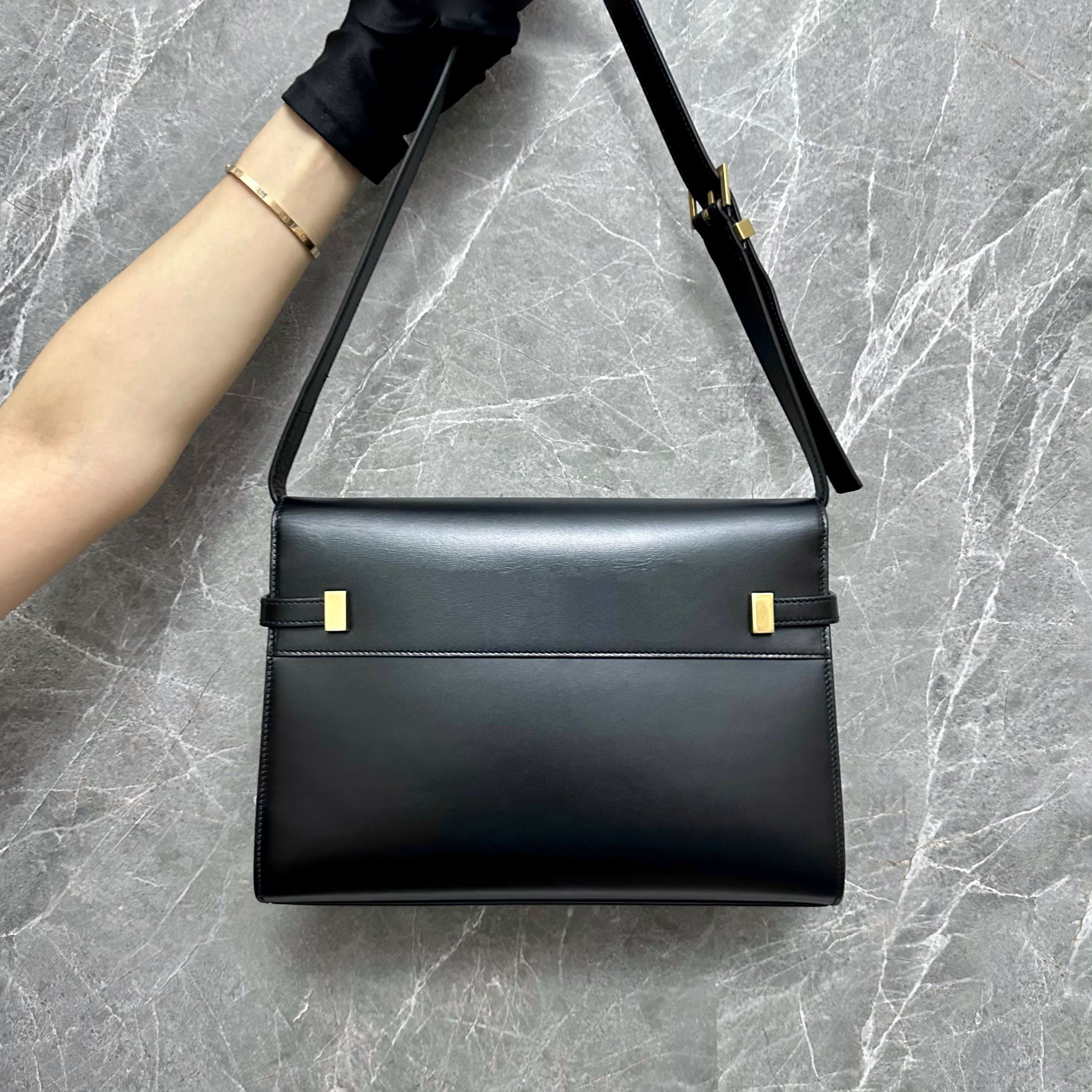 YSL Manhattan Medium Black Claf Leather Shoulder Bag GHW Yves Saint Laurent - Luxury Evermore