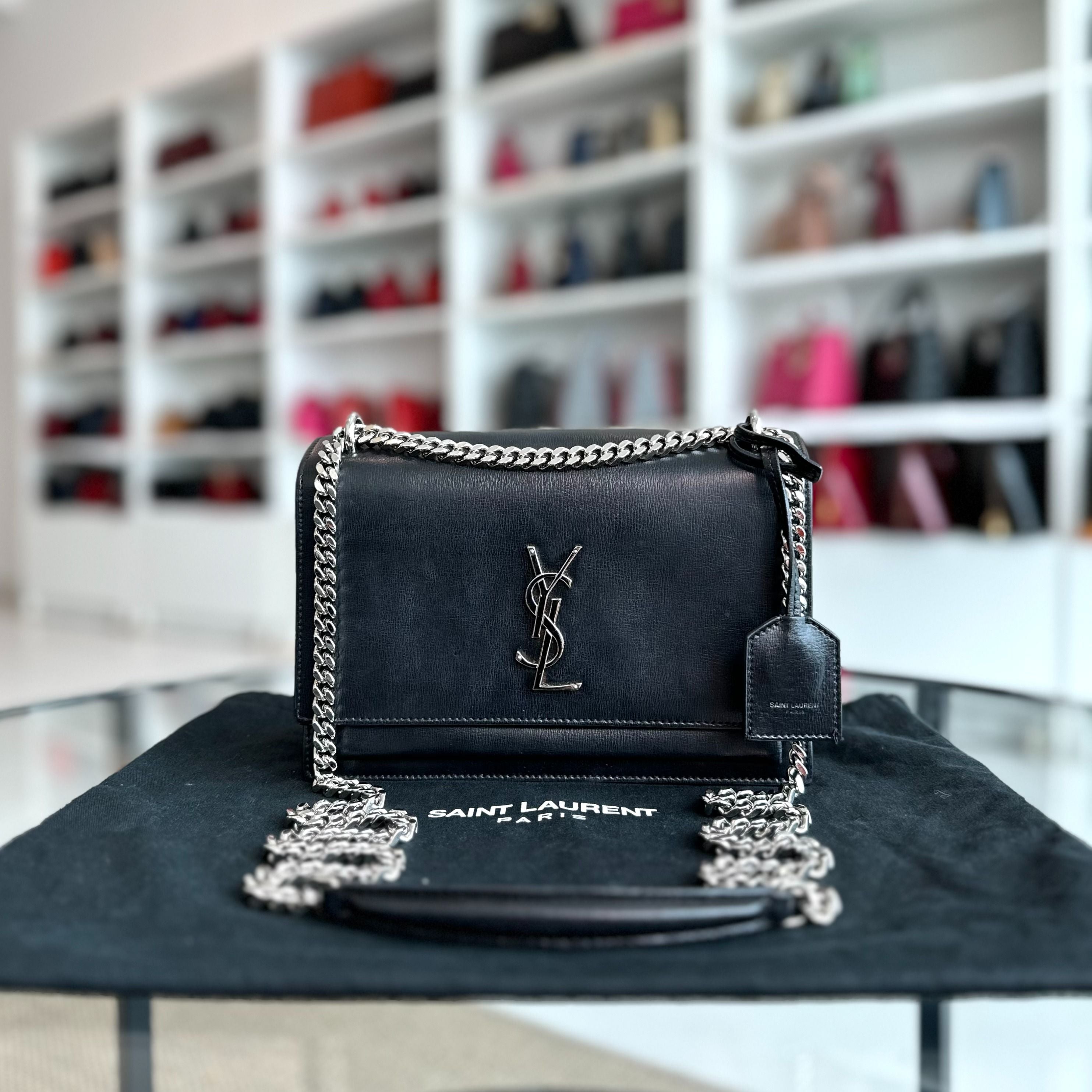 YSL Saint Laurent Sunset Medium Calfskin Black SHW - Luxury Evermore