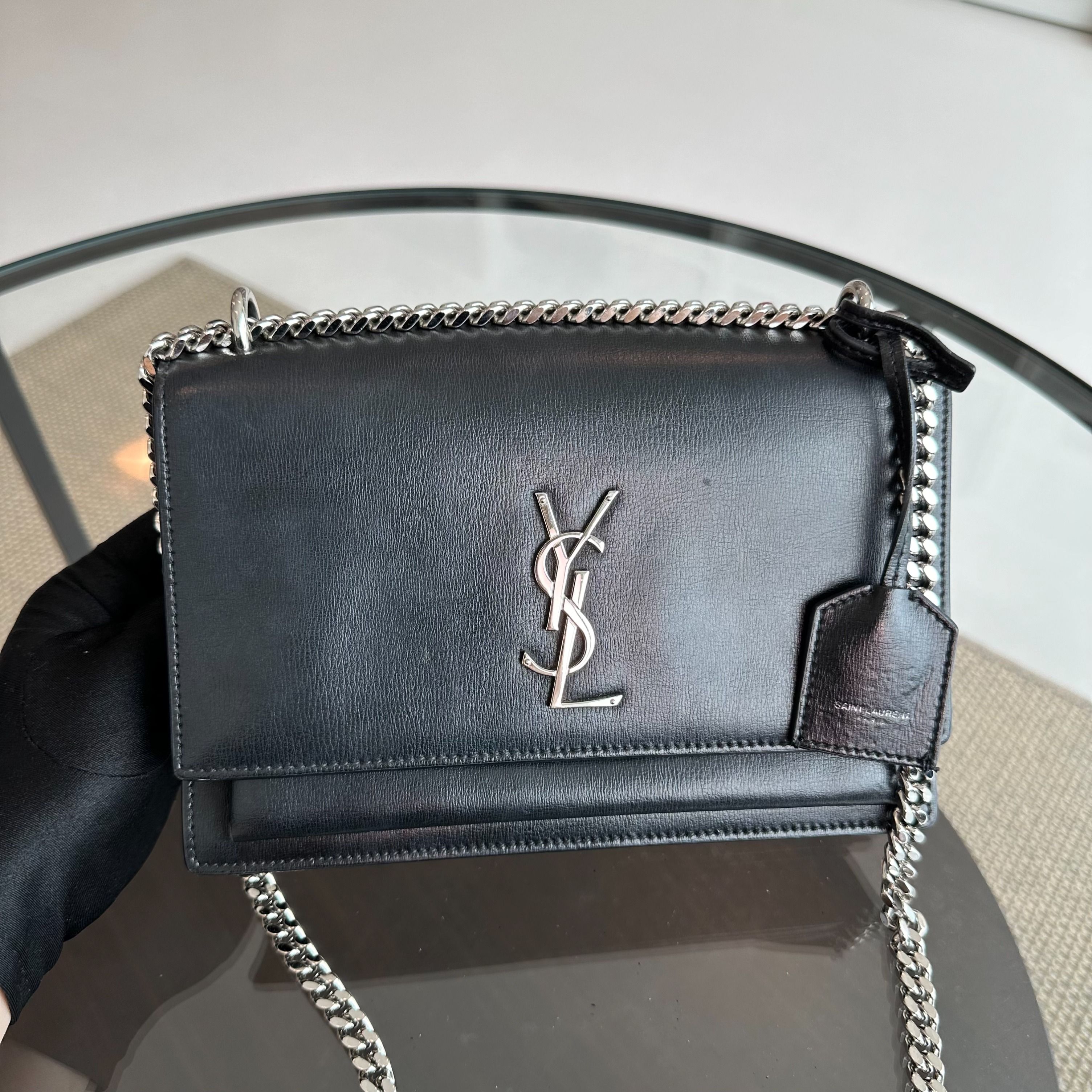 YSL Saint Laurent Sunset Medium Calfskin Black SHW - Luxury Evermore