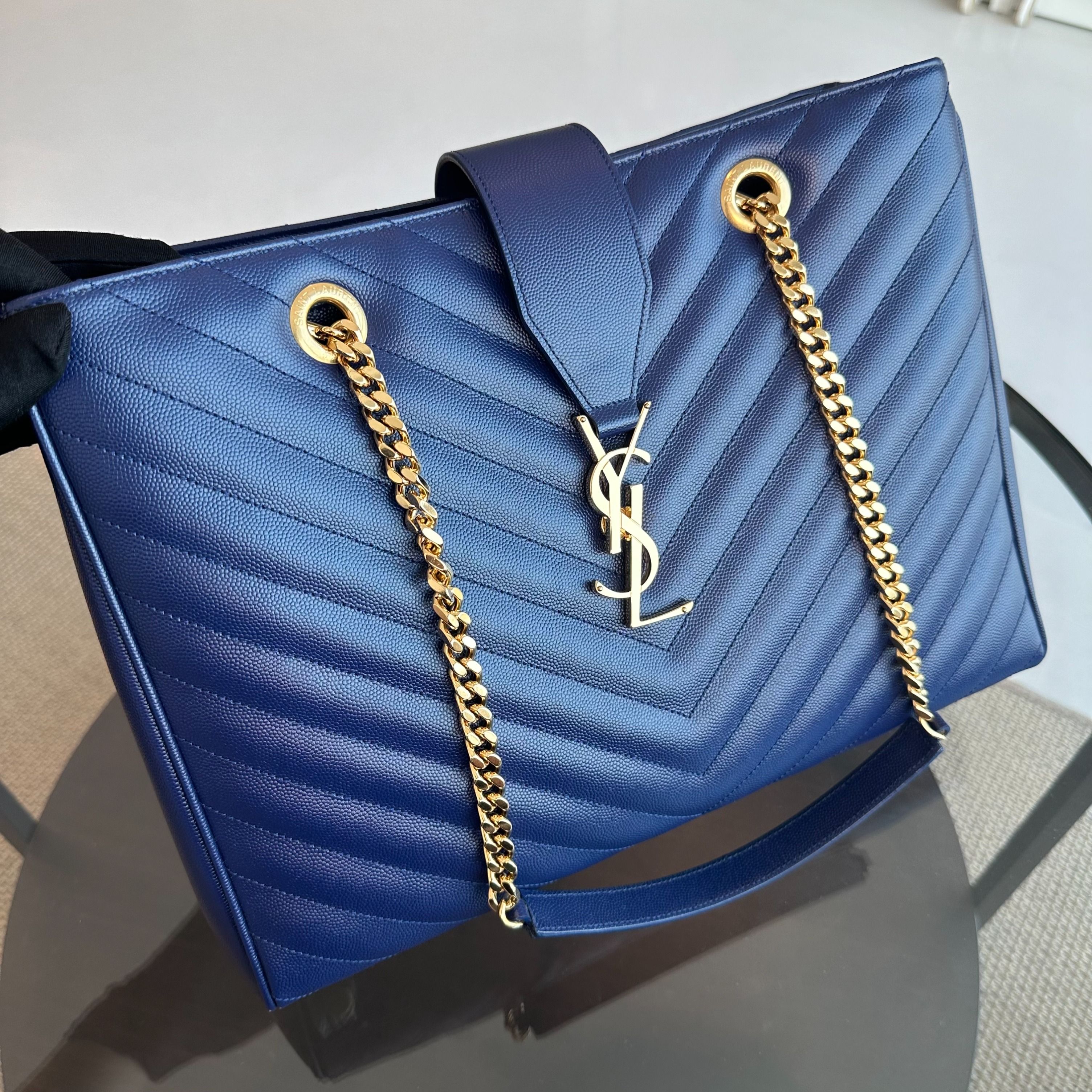 YSL Shopper Quilted Grained Calfskin Chevron Blue Tote GHW Yves Saint Laurent - Luxury Evermore