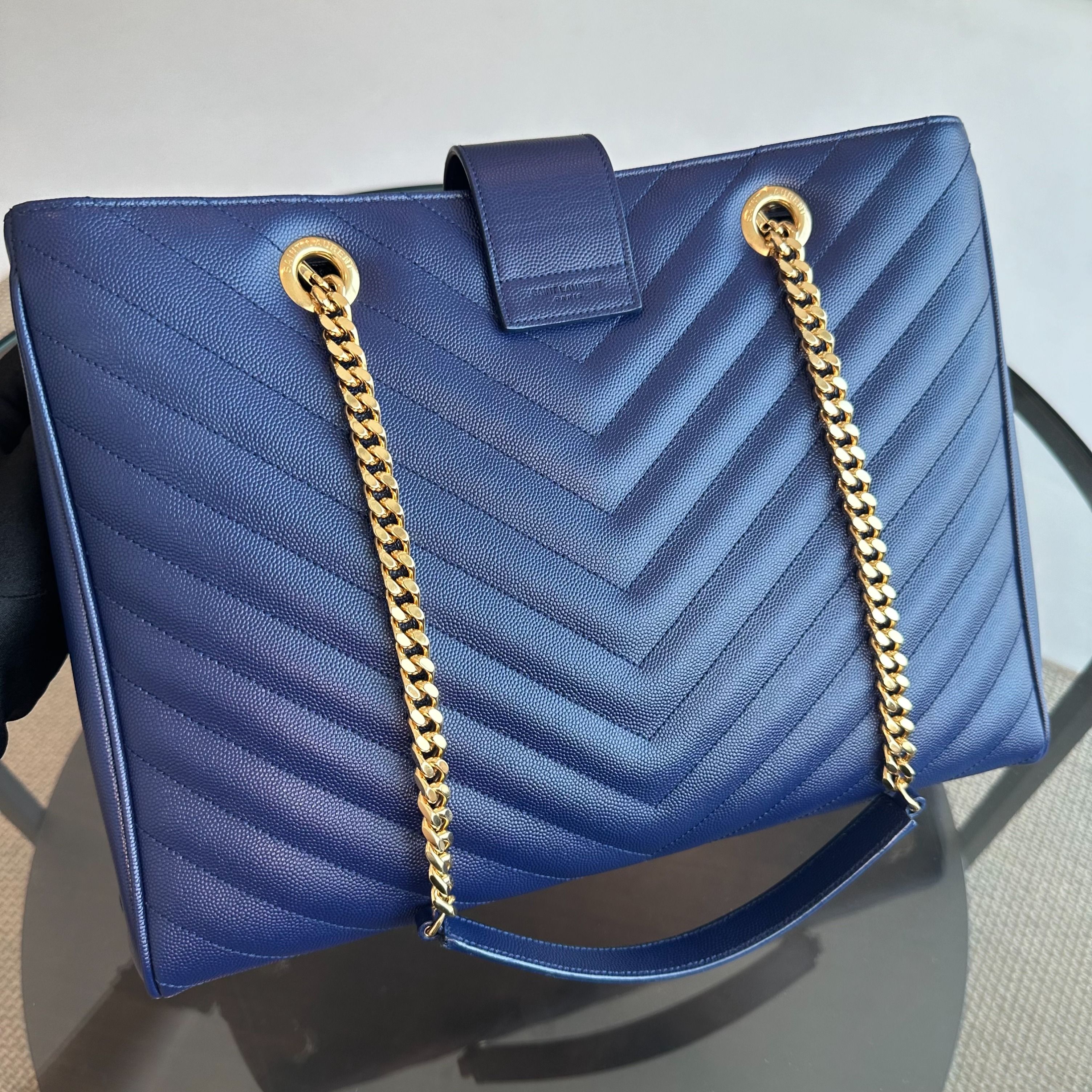 YSL Shopper Quilted Grained Calfskin Chevron Blue Tote GHW Yves Saint Laurent - Luxury Evermore