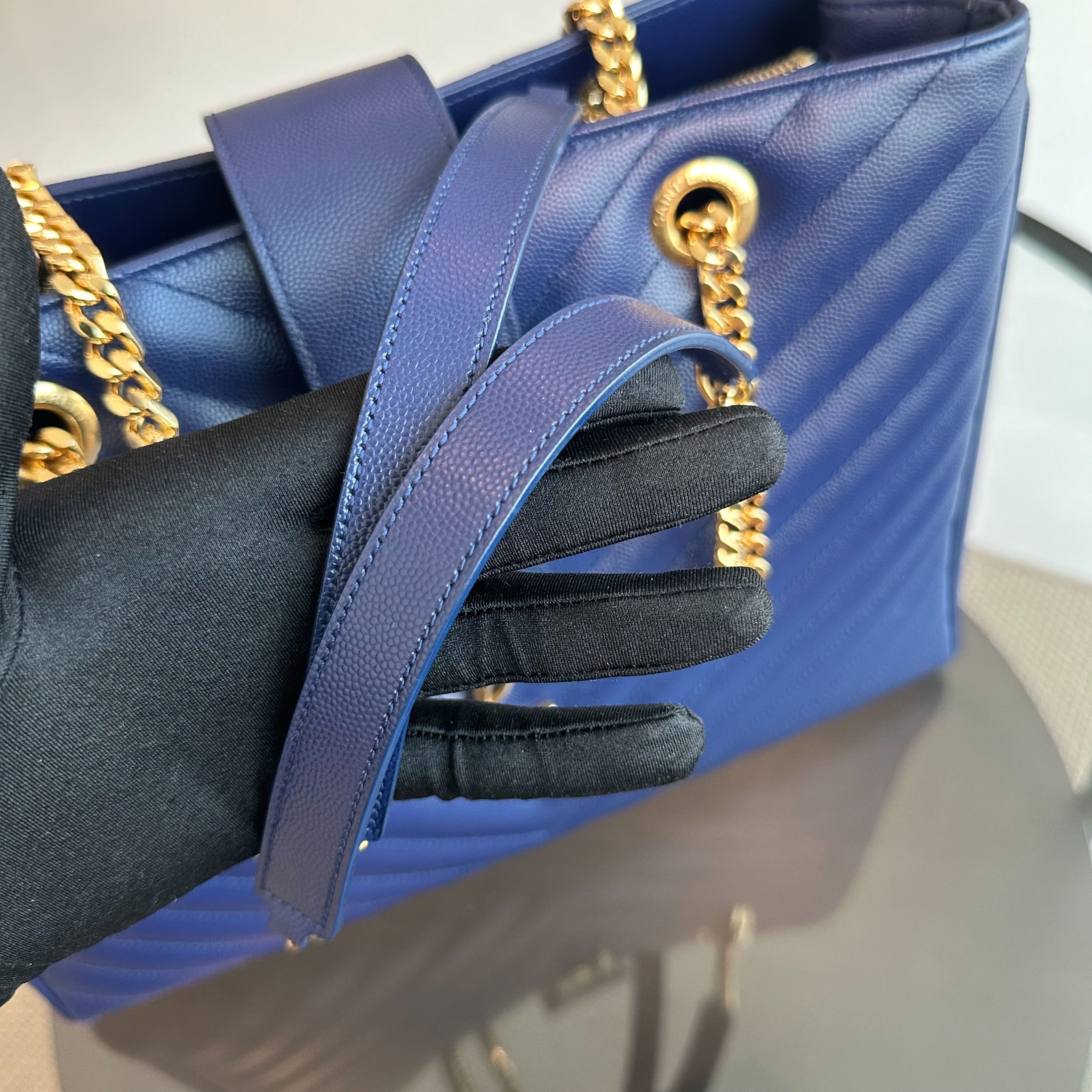 YSL Shopper Quilted Grained Calfskin Chevron Blue Tote GHW Yves Saint Laurent - Luxury Evermore