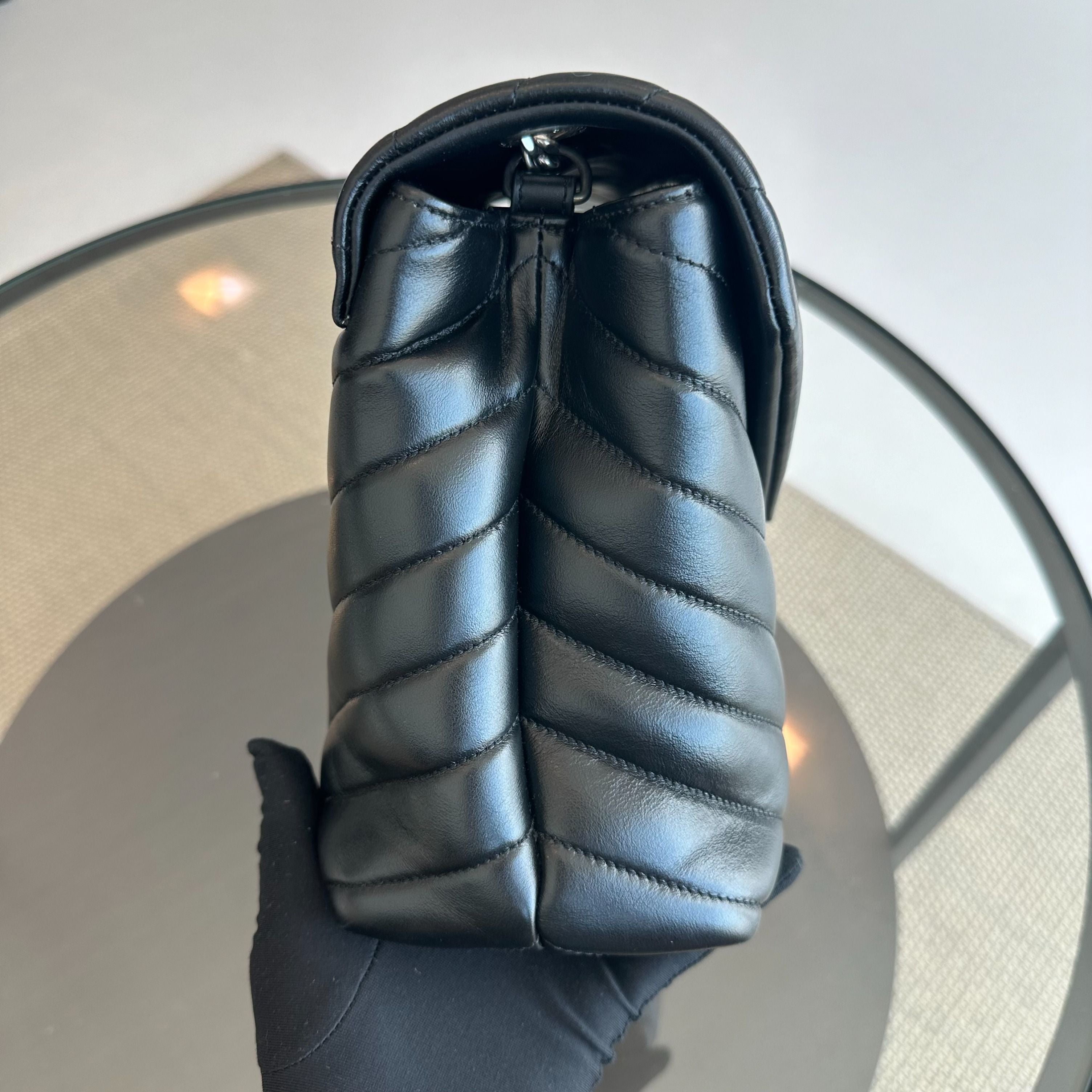 YSL Loulou Medium Chevron Chain Black Shoulder Bag SHW Yves Saint Laurent