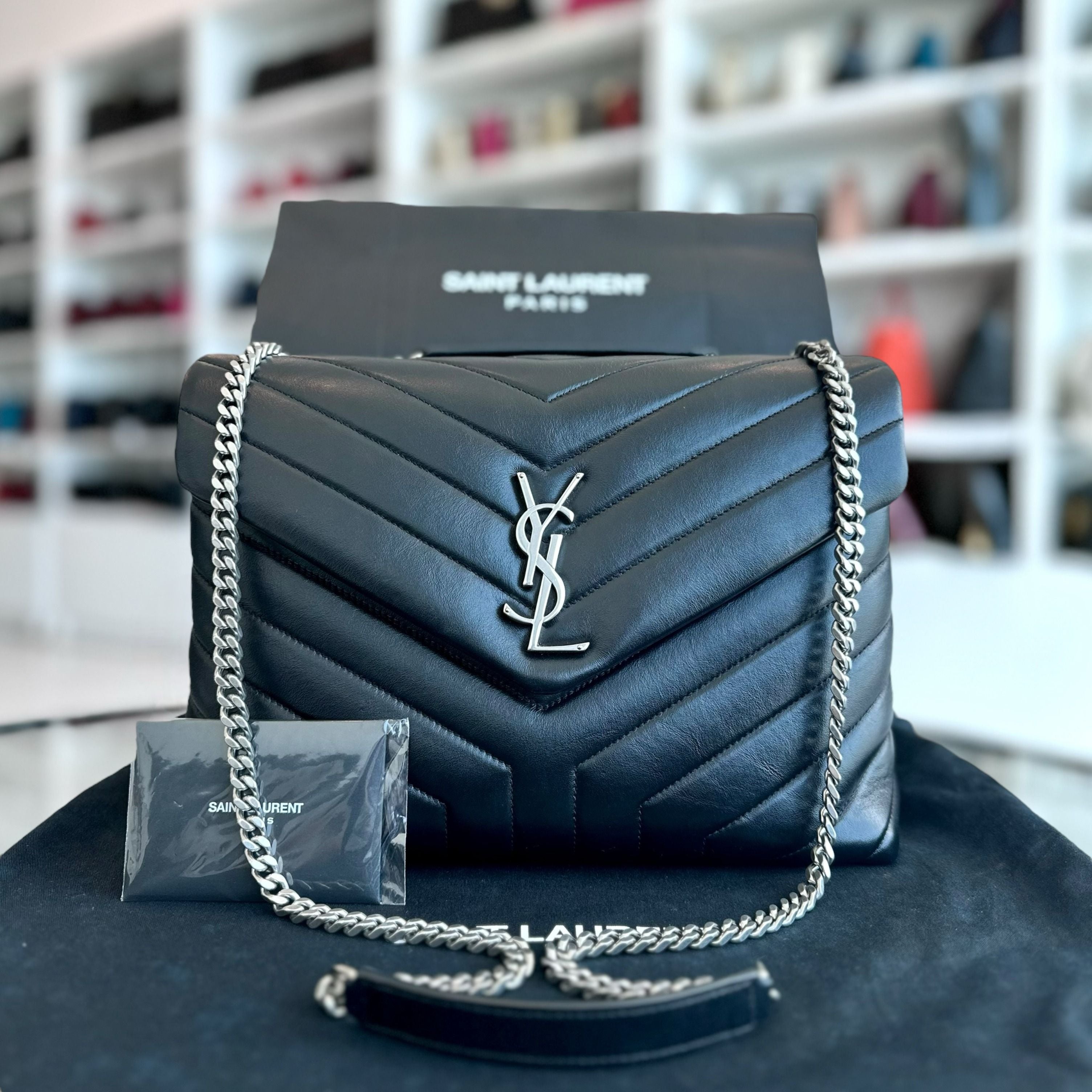 YSL Loulou Medium Chevron Chain Black Shoulder Bag SHW Yves Saint Laurent