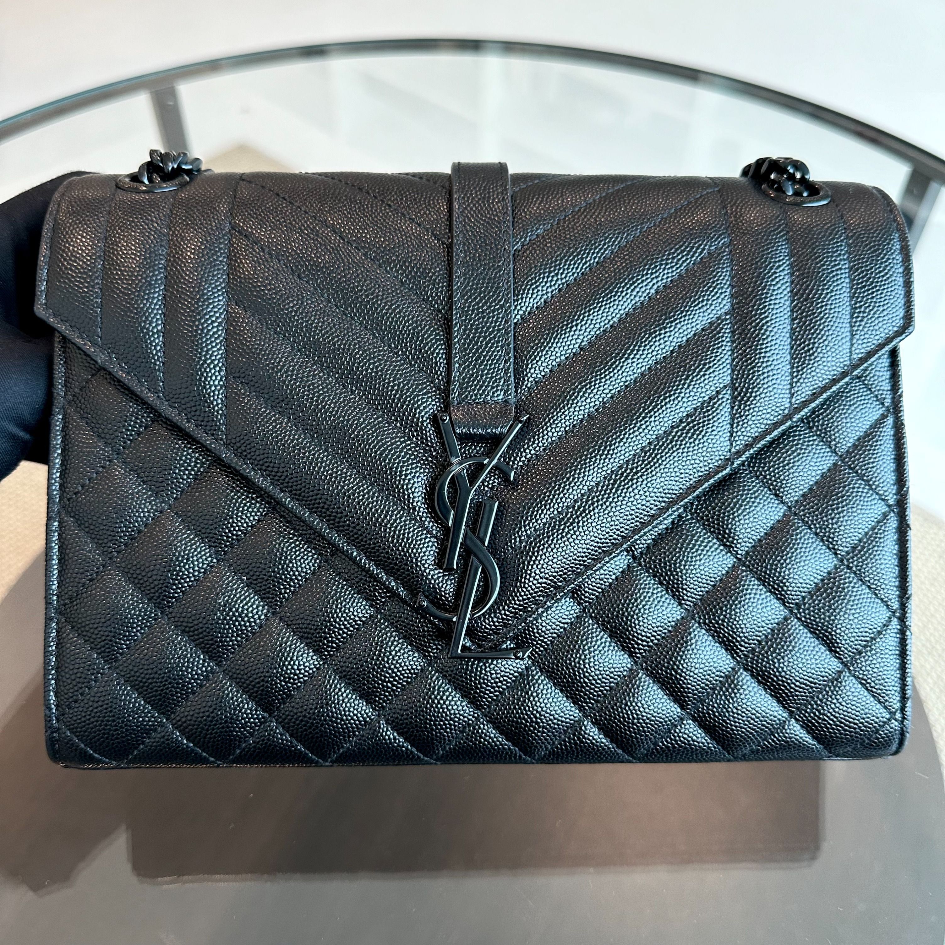 Yves Saint Laurent YSL Envelop Medium Flap All Black Grained Calfskin BHW - Luxury Evermore