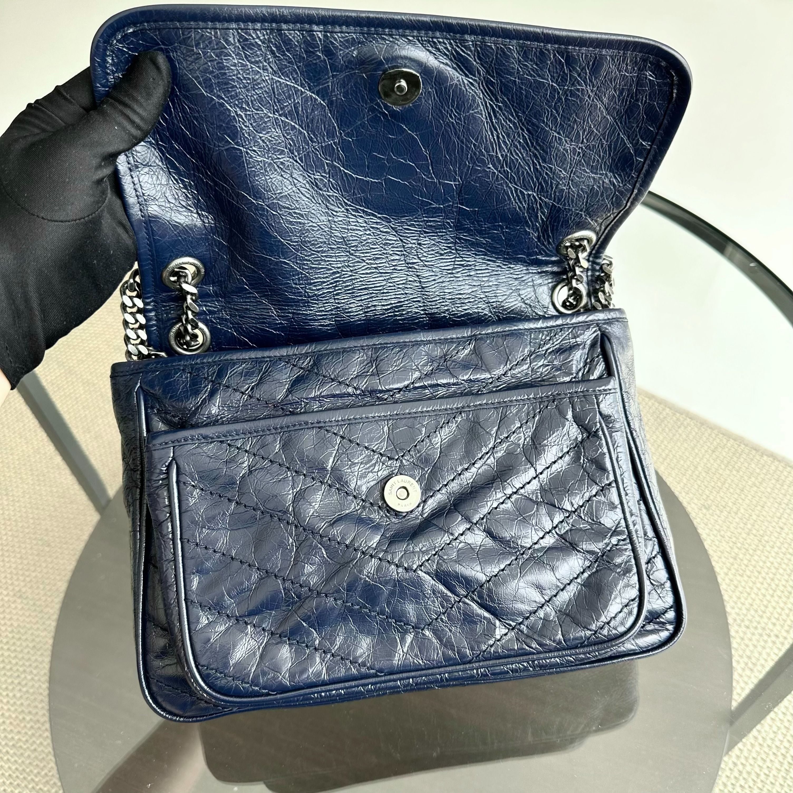 Yves Saint Laurent YSL Niki Medium Mateless Chevron Dark Blue Shoulder Bag - Luxury Evermore